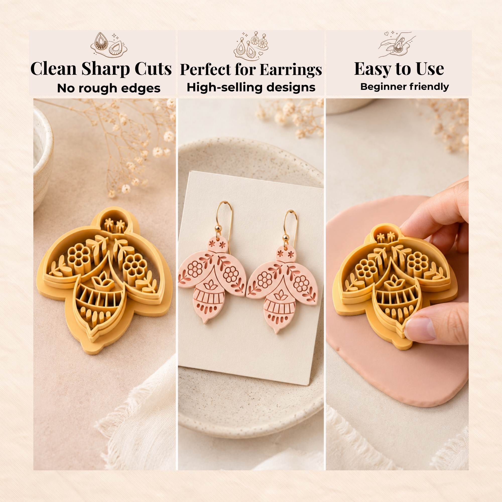 Folk Art Bee Polymer Clay Cutter | 25–45mm | Folk Art Bee Shape Clay Cutter | Earring Jewellery Making Tool