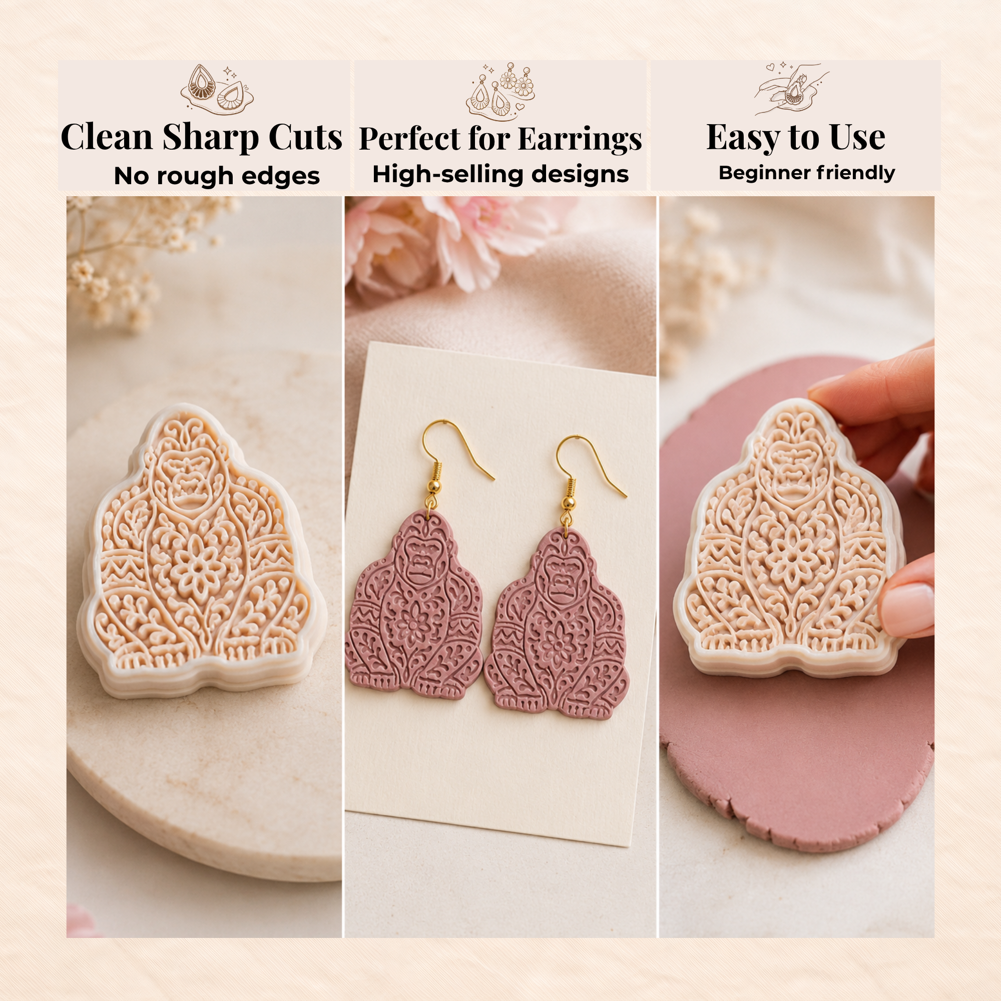 Folk Art Gorilla Polymer Clay Cutter | Sharp Earring Cutter | Animal Clay Tool | Polymer Clay Jewellery Making