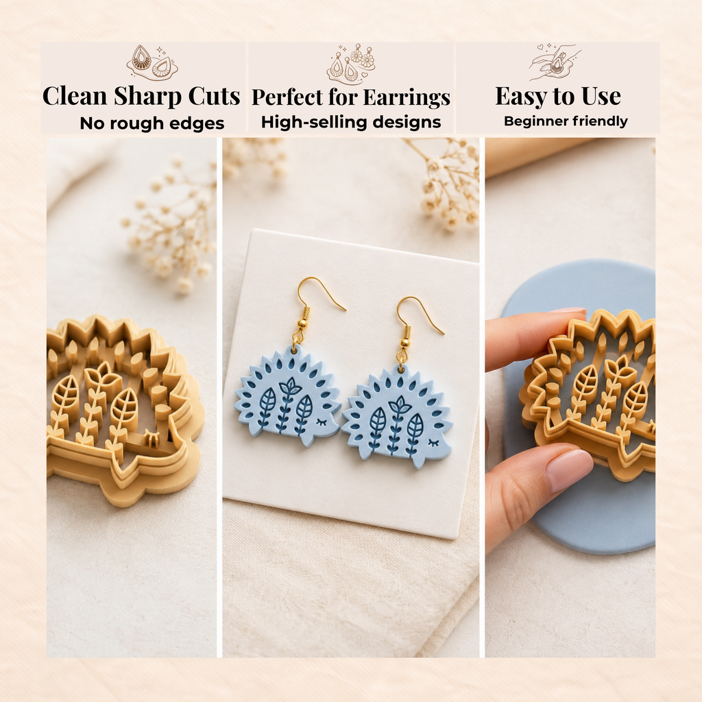 Folk Art Hedgehog Polymer Clay Cutter | 25–45mm | Folk Art Hedgehog Shape Clay Cutter | Earring Jewellery Making Tool