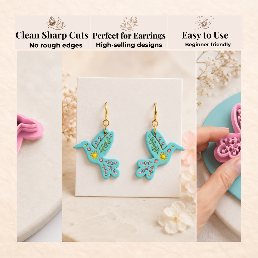 Folk Art Hummingbird Polymer Clay Cutter | 25–45mm | Folk Art Bird Shape Clay Cutter | Earring Jewellery Making Tool
