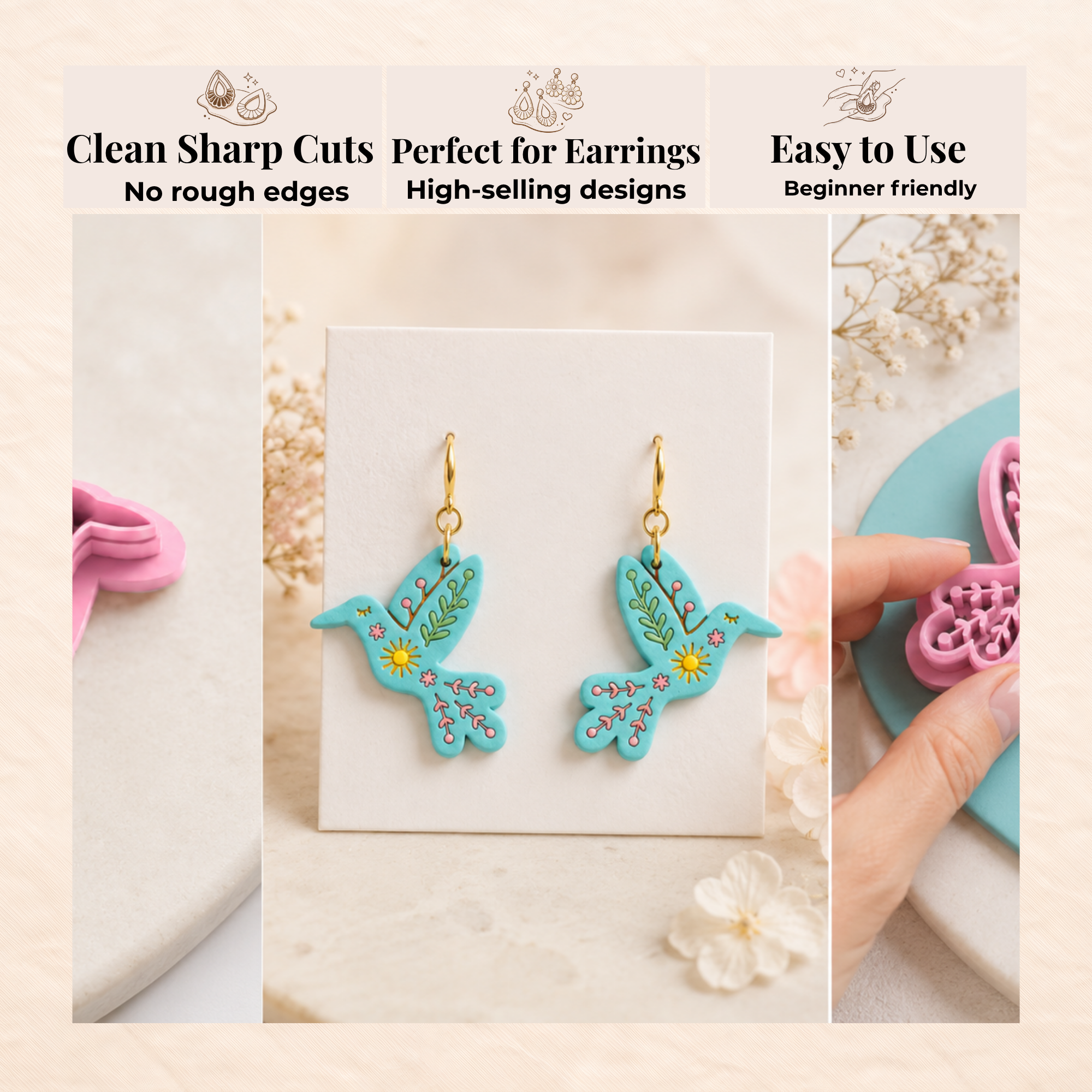 Folk Art Hummingbird Polymer Clay Cutter | 25–45mm | Folk Art Bird Shape Clay Cutter | Earring Jewellery Making Tool