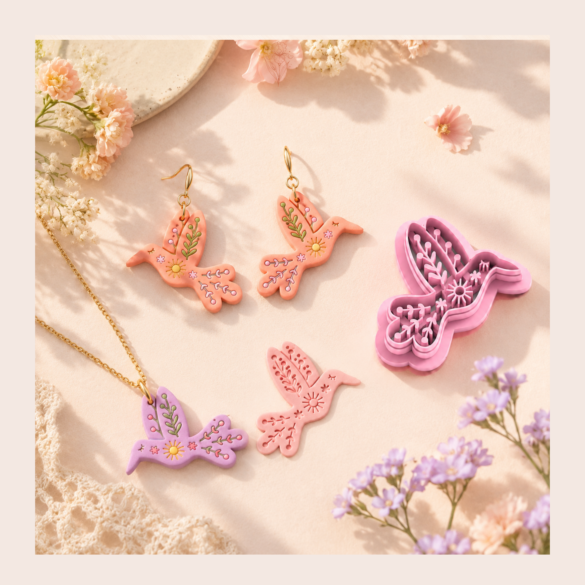 Folk Art Hummingbird Polymer Clay Cutter | 25–45mm | Folk Art Bird Shape Clay Cutter | Earring Jewellery Making Tool