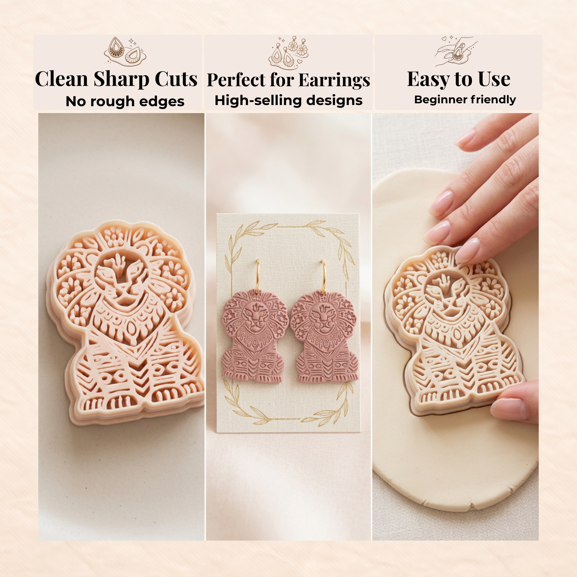 Folk Art Lion Polymer Clay Cutter | Sharp Earring Cutter | Animal Clay Tool | Polymer Clay Jewellery Making