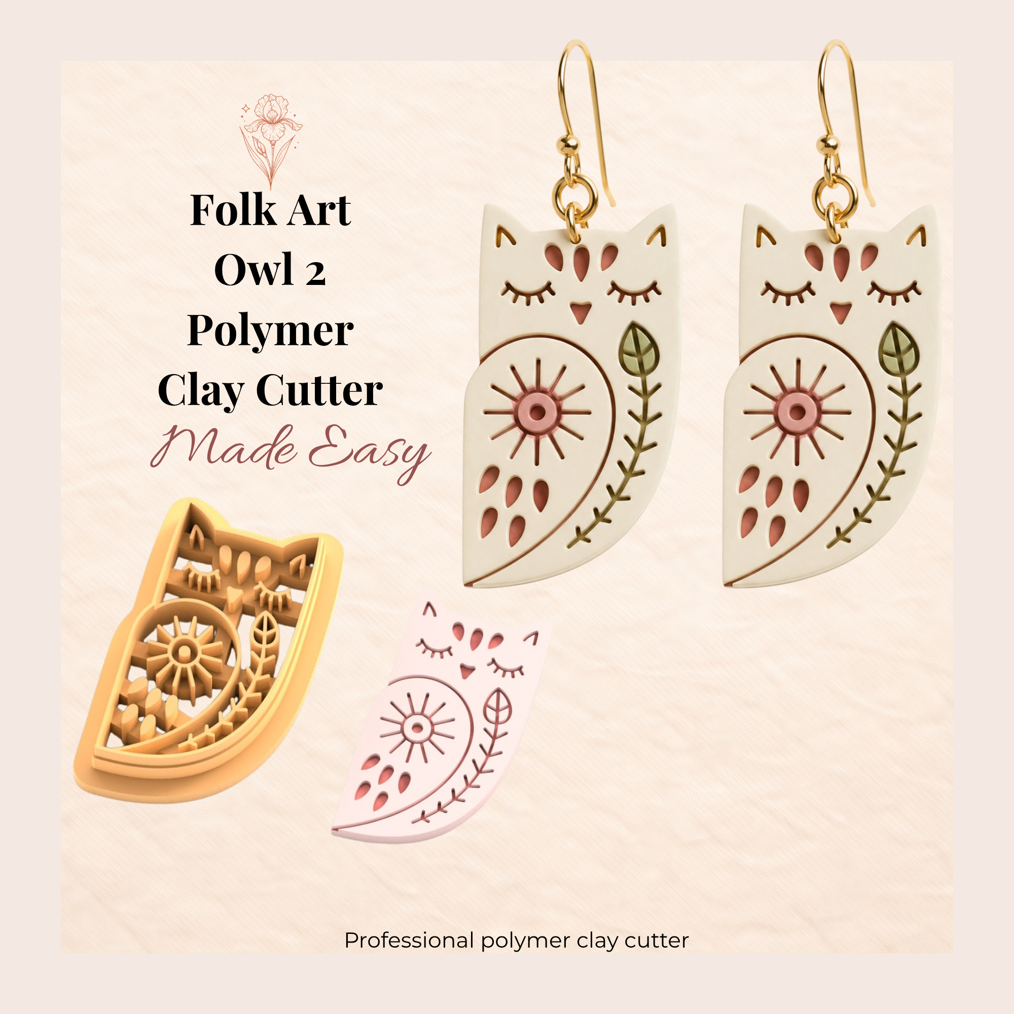 Folk Art Owl 2 Polymer Clay Cutter | 25–45mm | Folk Art Owl Shape Clay Cutter | Earring Jewellery Making Tool