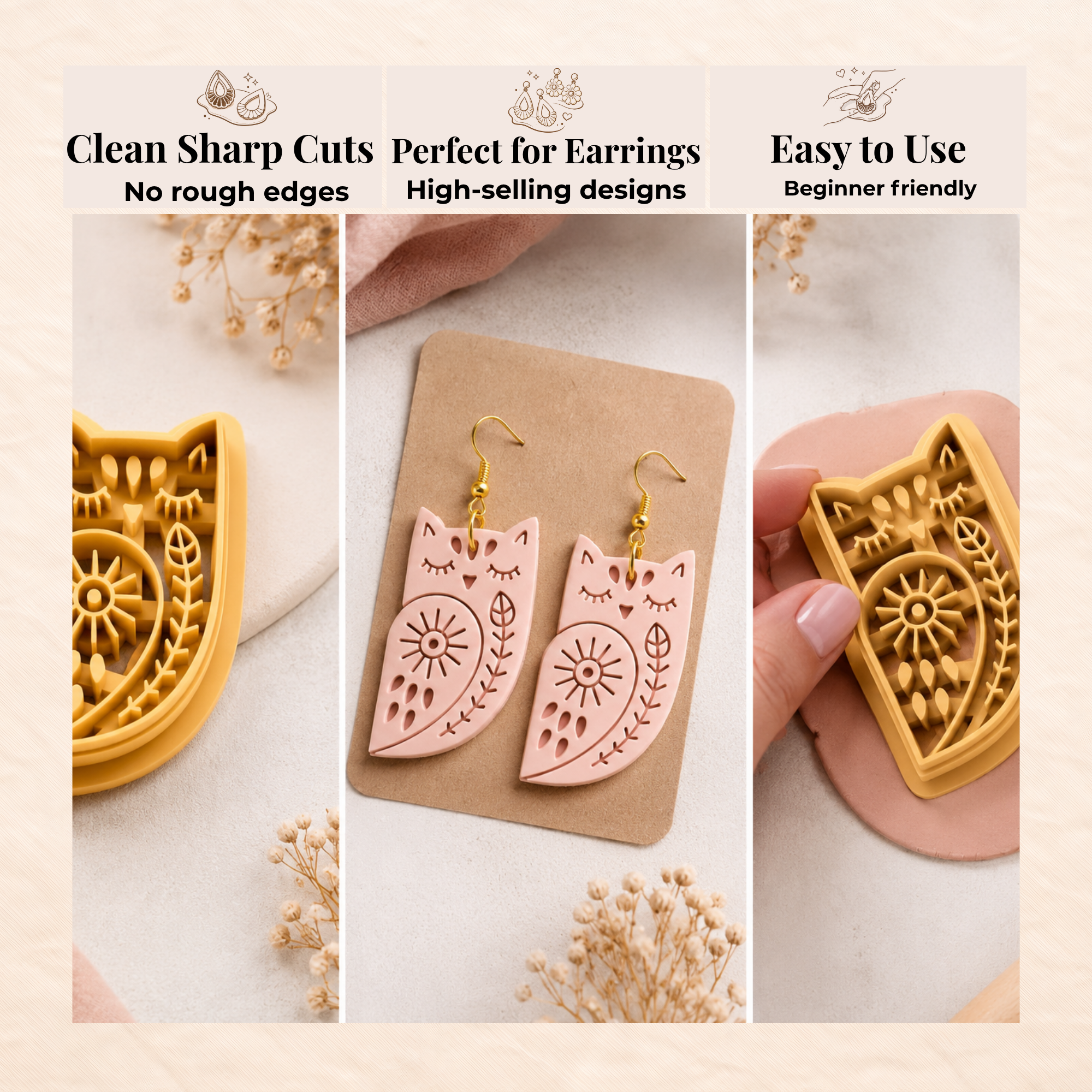 Folk Art Owl 2 Polymer Clay Cutter | 25–45mm | Folk Art Owl Shape Clay Cutter | Earring Jewellery Making Tool