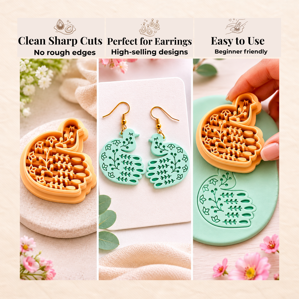 Folk Art Peafowl Polymer Clay Cutter | 25–45mm | Folk Art Peacock Shape Clay Cutter | Earring Jewellery Making Tool