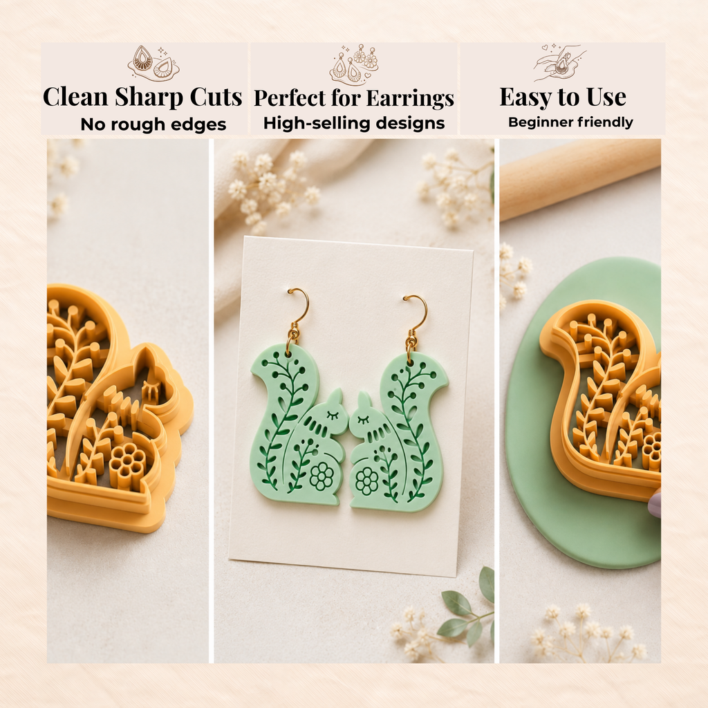 Folk Art Squirrel Polymer Clay Cutter | 25–45mm | Folk Art Squirrel Shape Clay Cutter | Earring Jewellery Making Tool