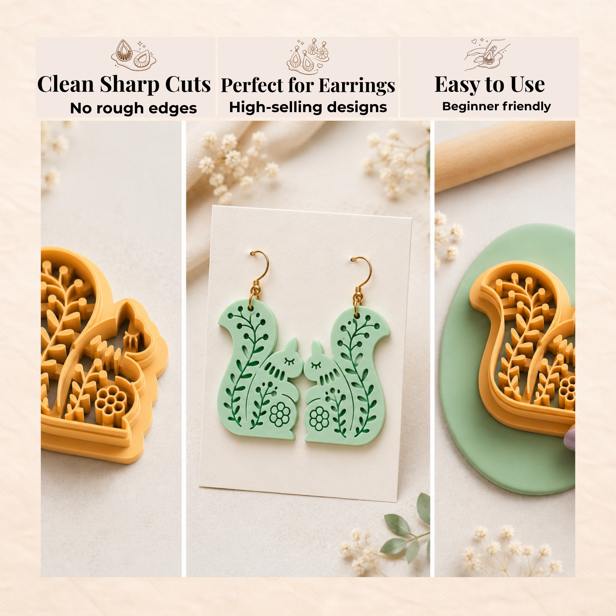 Folk Art Squirrel Polymer Clay Cutter | 25–45mm | Folk Art Squirrel Shape Clay Cutter | Earring Jewellery Making Tool