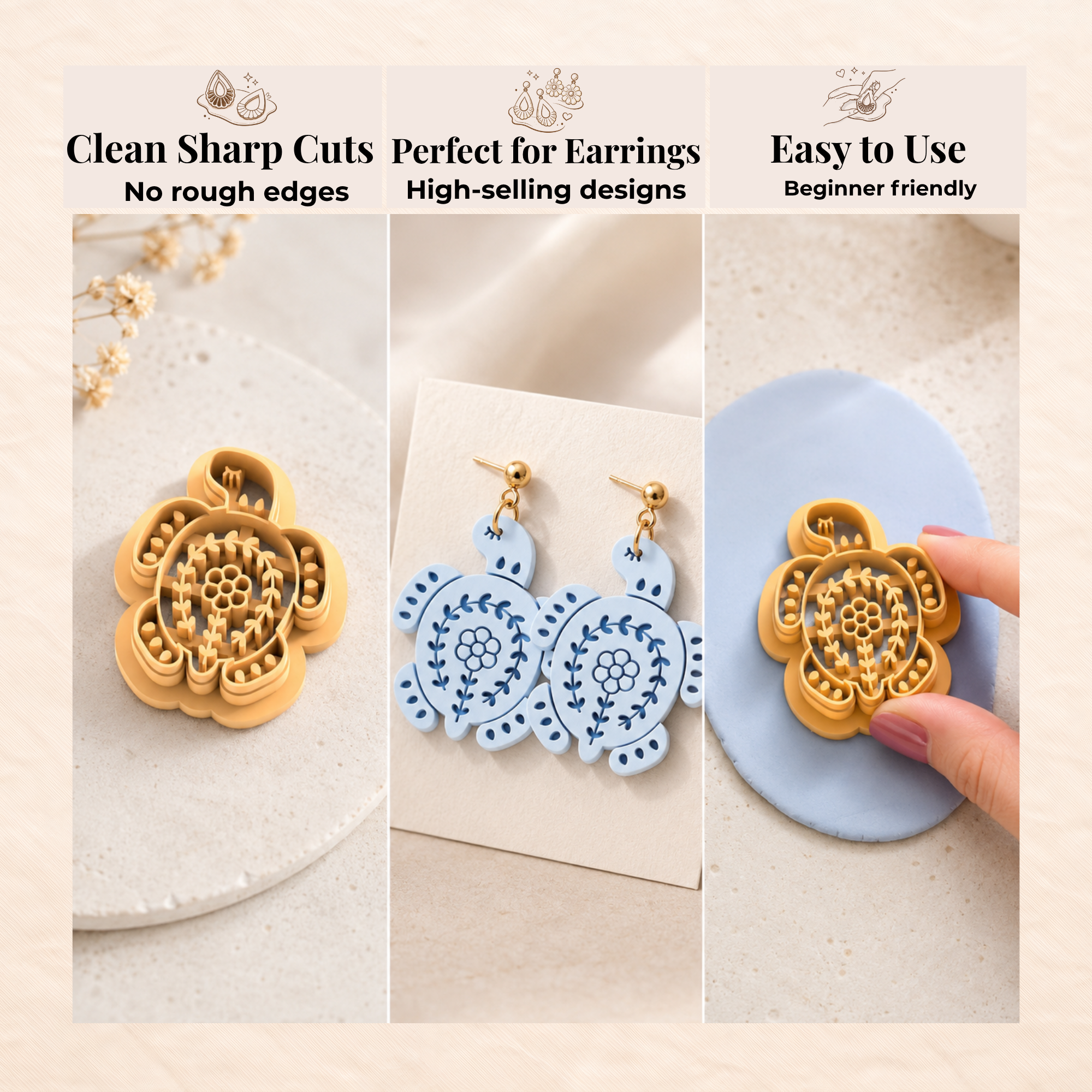 Folk Art Turtle Polymer Clay Cutter | 25–45mm | Folk Art Turtle Shape Clay Cutter | Earring Jewellery Making Tool
