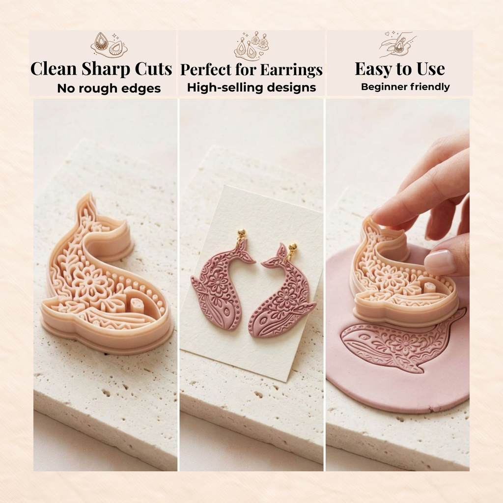 Folk Art Whale Polymer Clay Cutter 35–50mm | Whimsical Ocean Earring Cutter | IrisCrafts7