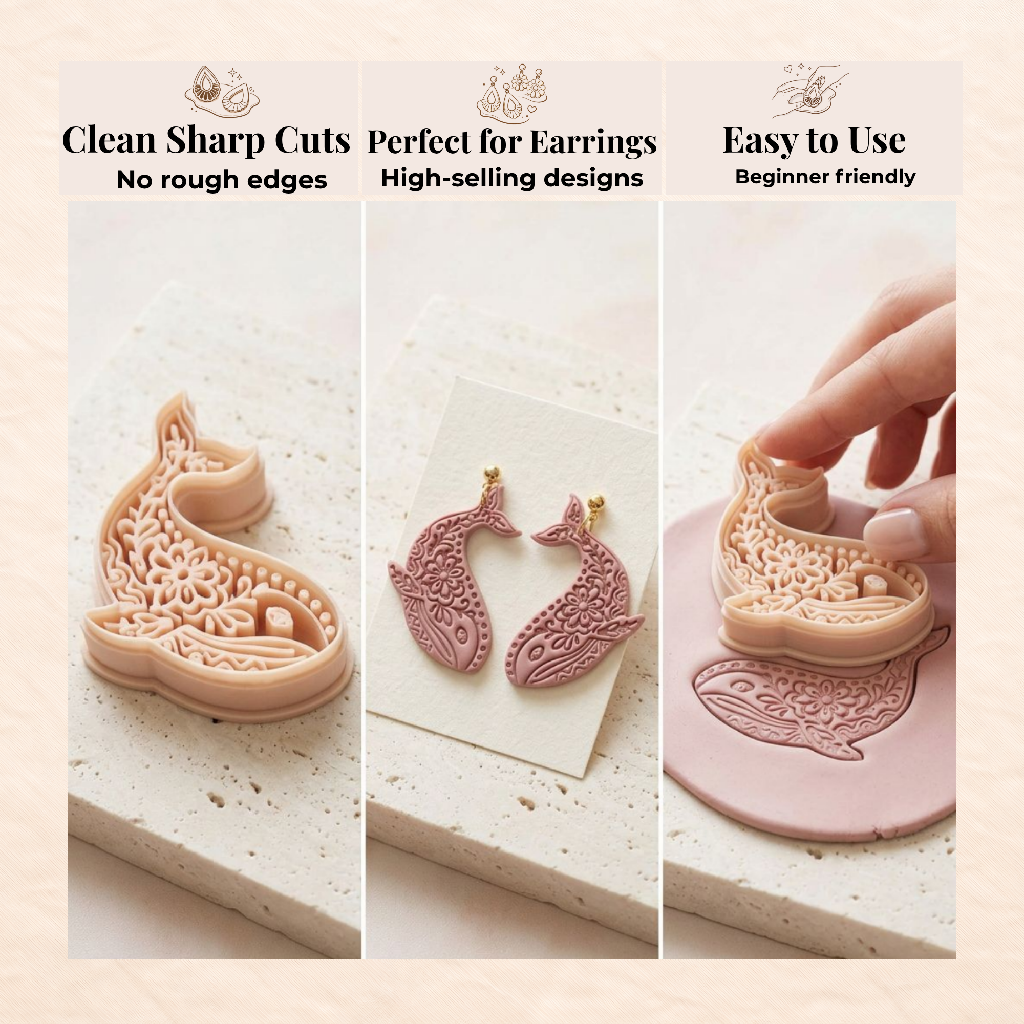 Folk Art Whale Polymer Clay Cutter 35–50mm | Whimsical Ocean Earring Cutter | IrisCrafts7