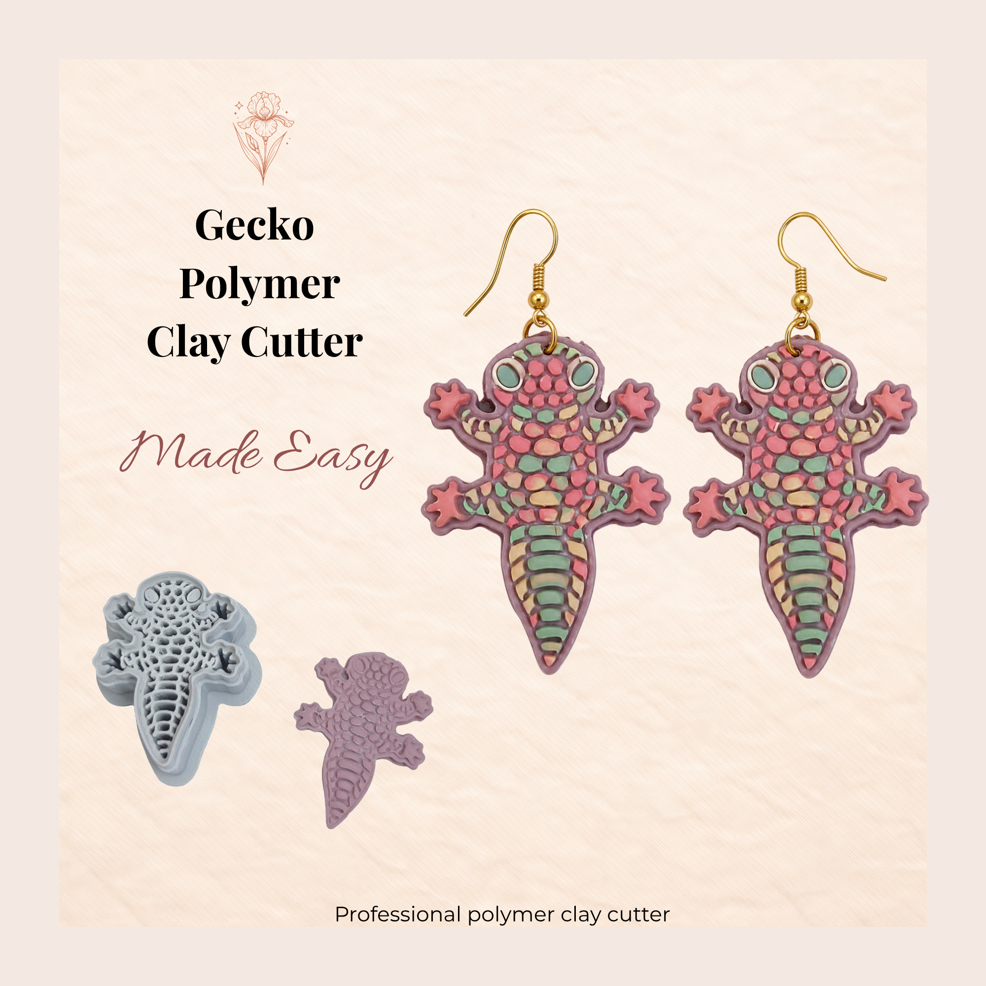 Gecko Polymer Clay Cutter 30–50mm | Reptile Earring Cutter | IrisCrafts7