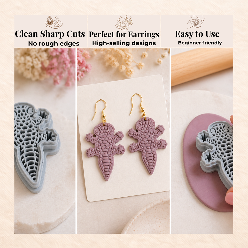 Gecko Polymer Clay Cutter 30–50mm | Reptile Earring Cutter | IrisCrafts7