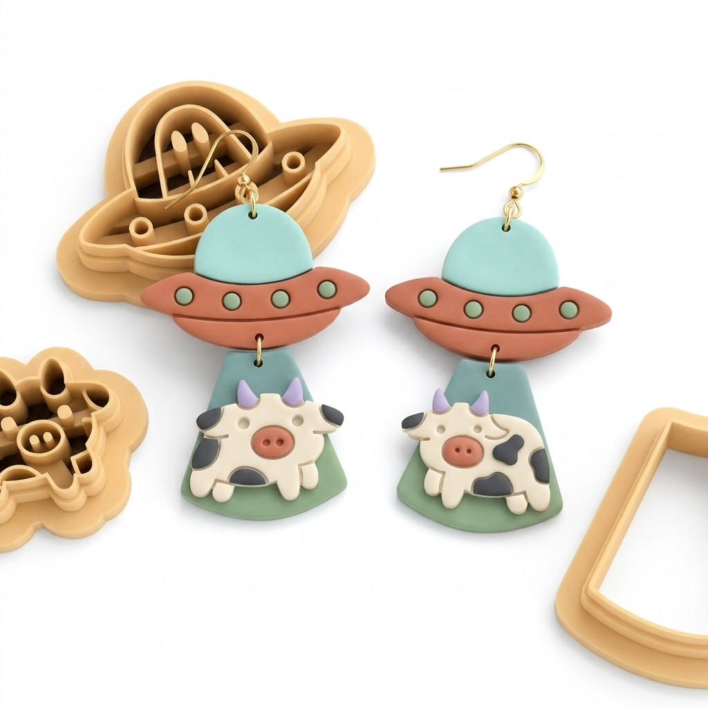 Ghost Alien with Cow Set of 3 Polymer Clay Cutters | 30–50mm | Halloween Alien Ghost Cow Clay Cutter Set | Earring Jewellery Making Tool