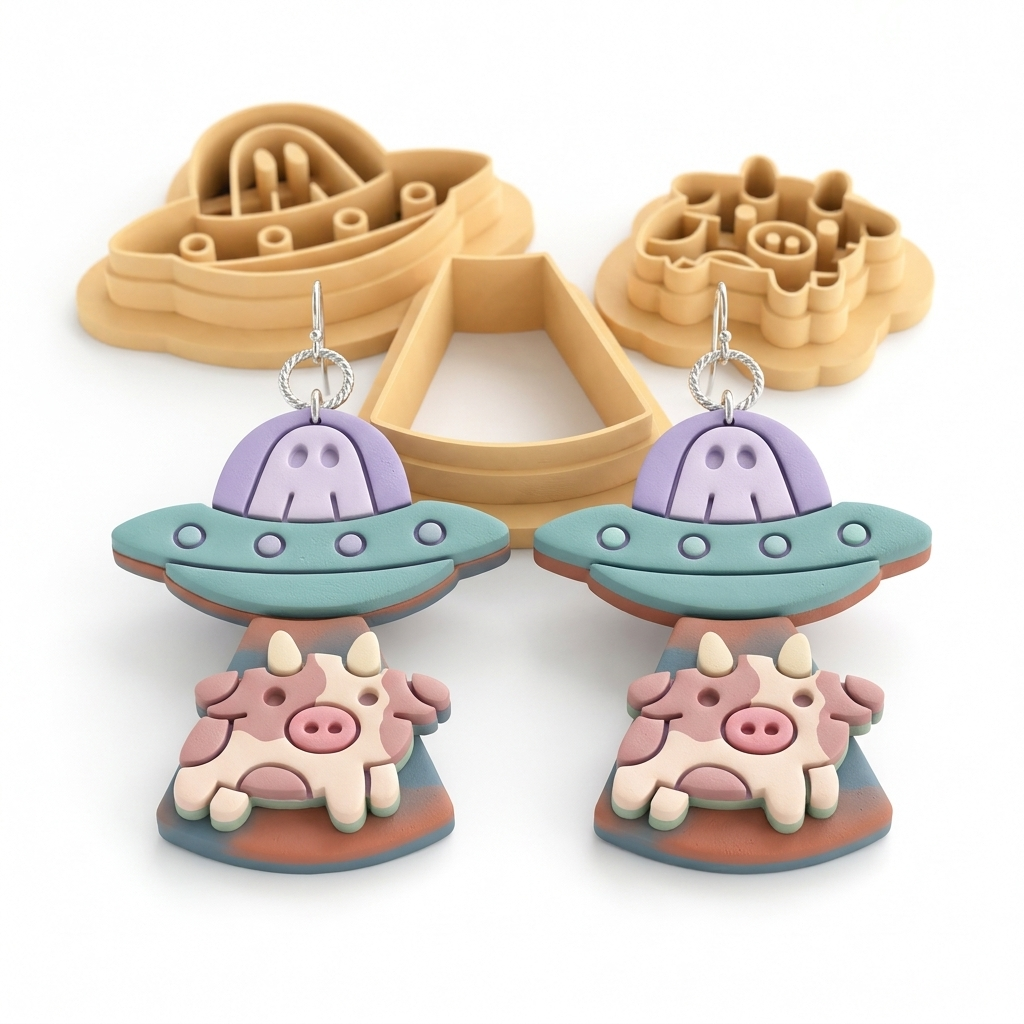 Ghost Alien with Cow Set of 3 Polymer Clay Cutters | 30–50mm | Halloween Alien Ghost Cow Clay Cutter Set | Earring Jewellery Making Tool