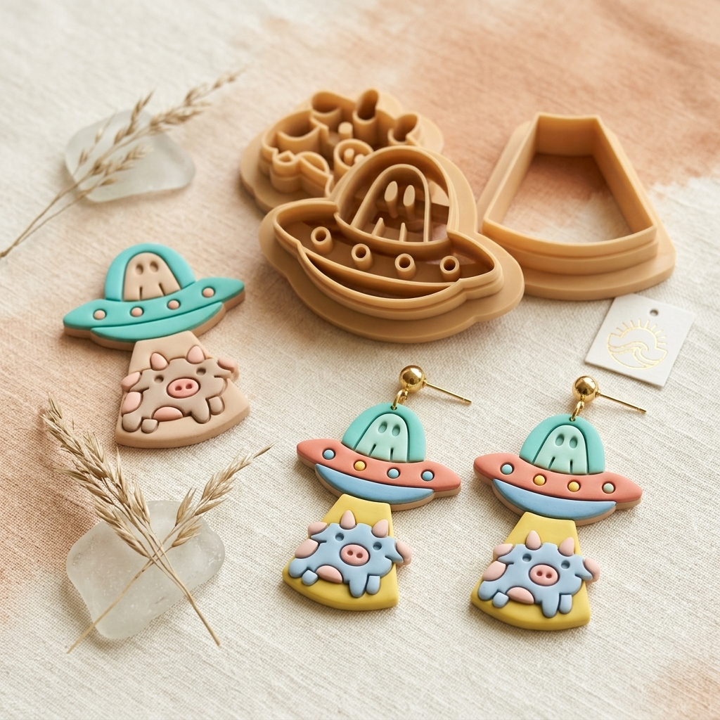 Ghost Alien with Cow Set of 3 Polymer Clay Cutters | 30–50mm | Halloween Alien Ghost Cow Clay Cutter Set | Earring Jewellery Making Tool