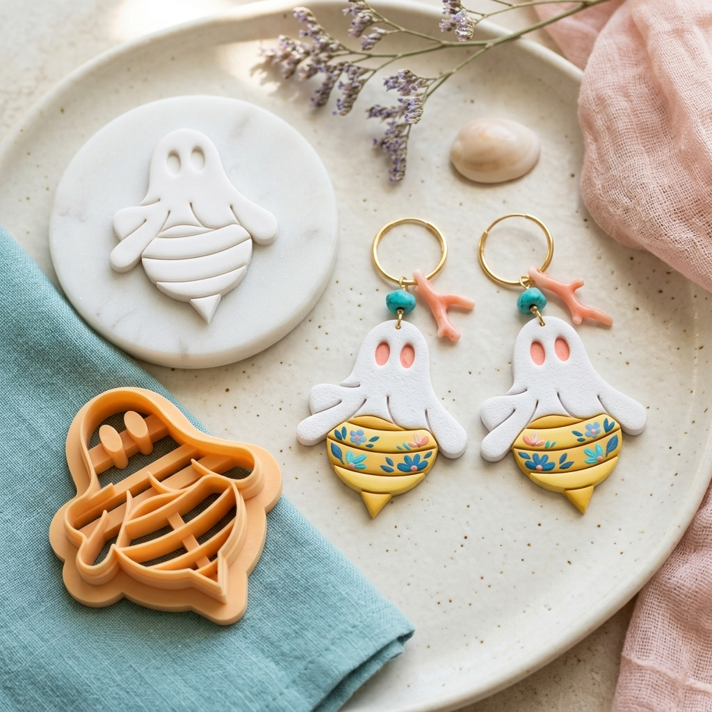 Ghost Bee 1 Polymer Clay Cutter | 25–45mm | Halloween Ghost Bee Shape Clay Cutter | Earring Jewellery Making Tool