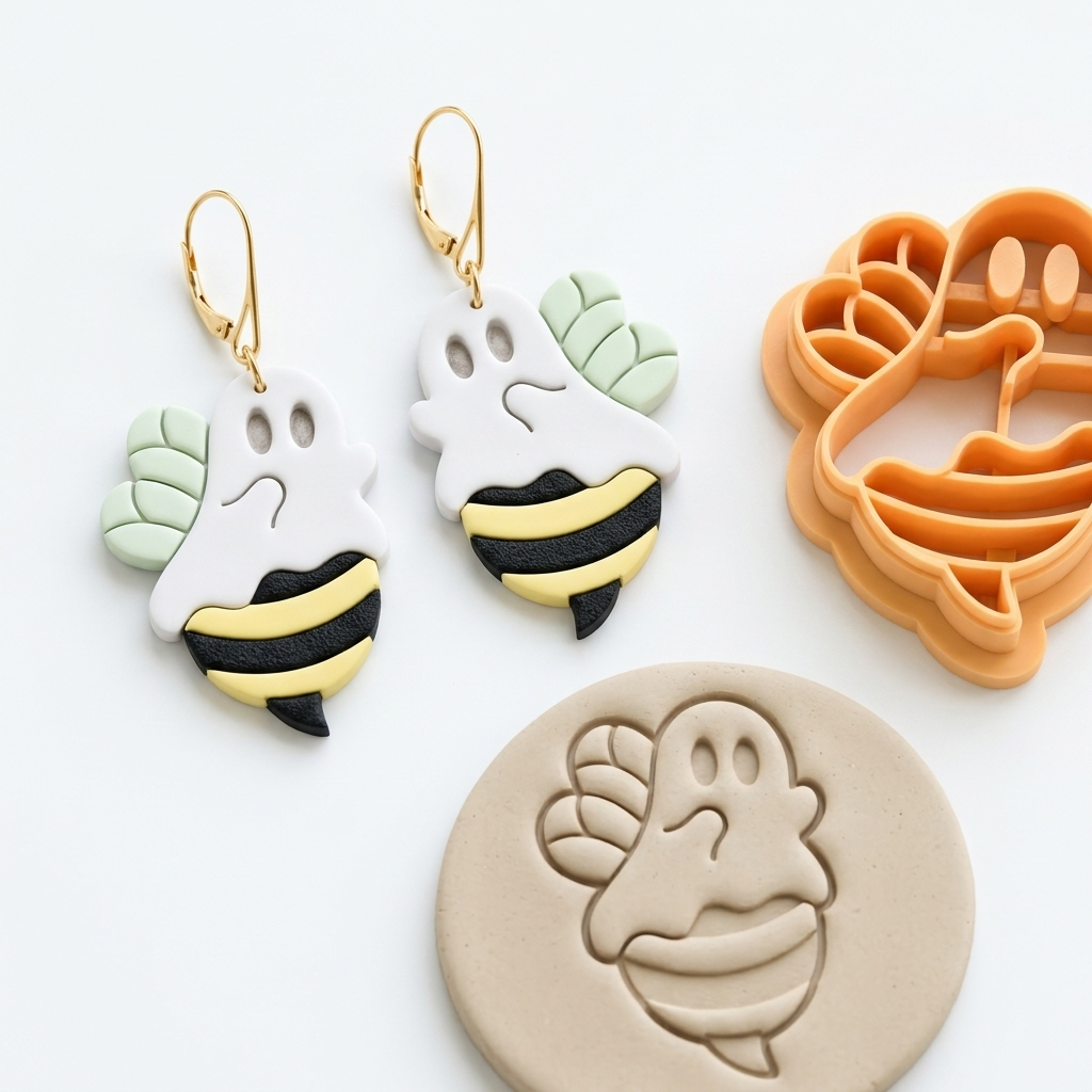 Ghost Bee 2 Polymer Clay Cutter | 25–45mm | Halloween Ghost Bee Shape Clay Cutter | Earring Jewellery Making Tool