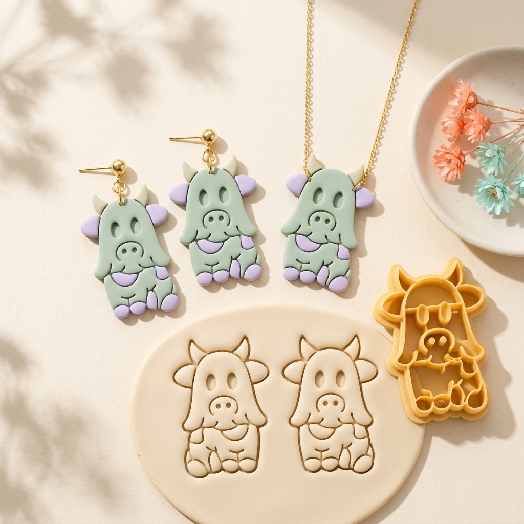 Ghost Cow Polymer Clay Cutter | 25–45mm | Halloween Ghost Cow Shape Clay Cutter | Earring Jewellery Making Tool