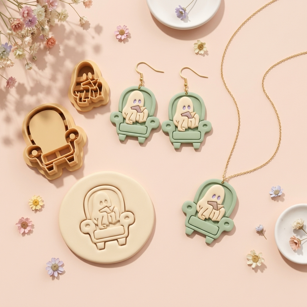 Ghost in the Chair Polymer Clay Cutter | 25–45mm | Halloween Ghost Chair Shape Clay Cutter | Earring Jewellery Making Tool