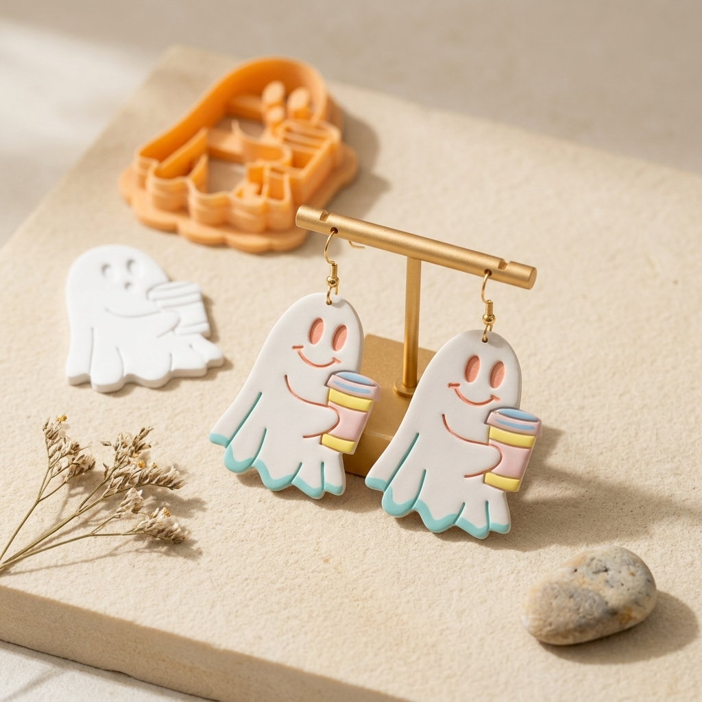 Ghost with Coffee Polymer Clay Cutter | 25–45mm | Halloween Ghost Coffee Shape Clay Cutter | Earring Jewellery Making Tool