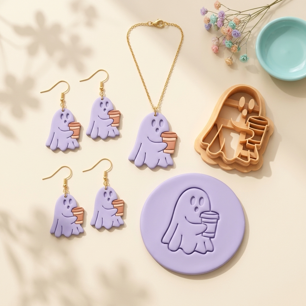 Ghost with Coffee Polymer Clay Cutter | 25–45mm | Halloween Ghost Coffee Shape Clay Cutter | Earring Jewellery Making Tool