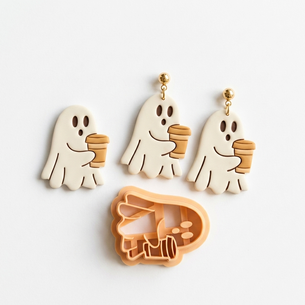 Ghost with Coffee Polymer Clay Cutter | 25–45mm | Halloween Ghost Coffee Shape Clay Cutter | Earring Jewellery Making Tool