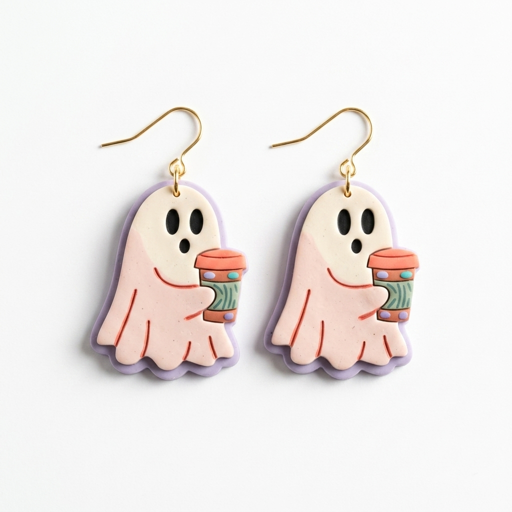 Ghost with Coffee Polymer Clay Cutter | 25–45mm | Halloween Ghost Coffee Shape Clay Cutter | Earring Jewellery Making Tool