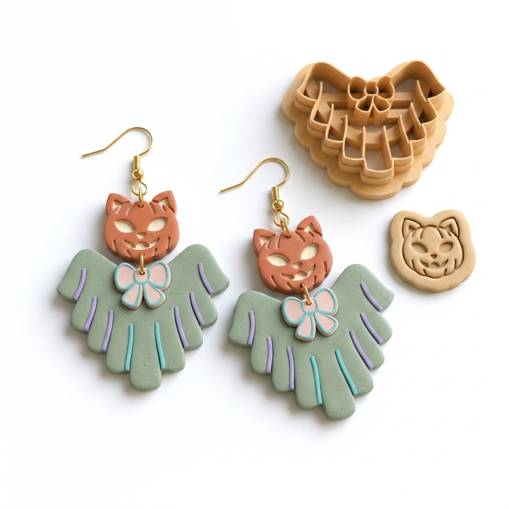 Ghost with Pumpkin Cat Polymer Clay Cutter | 25–45mm | Halloween Ghost Pumpkin Cat Clay Cutter | Earring Jewellery Making Tool