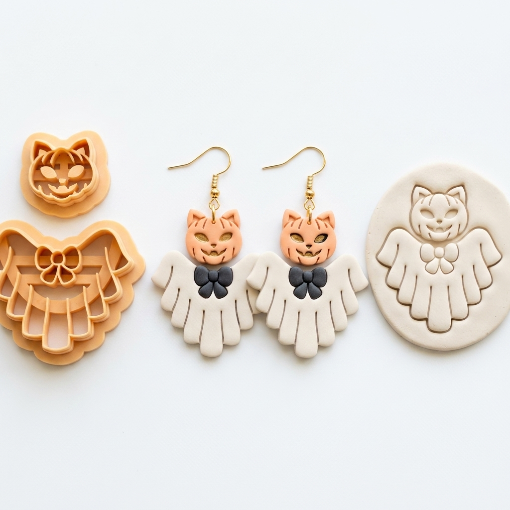 Ghost with Pumpkin Cat Polymer Clay Cutter | 25–45mm | Halloween Ghost Pumpkin Cat Clay Cutter | Earring Jewellery Making Tool