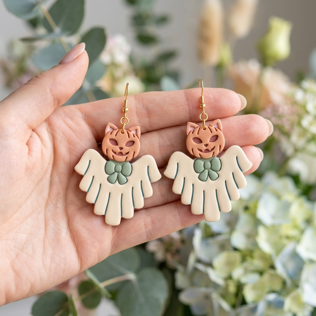 Ghost with Pumpkin Cat Polymer Clay Cutter | 25–45mm | Halloween Ghost Pumpkin Cat Clay Cutter | Earring Jewellery Making Tool