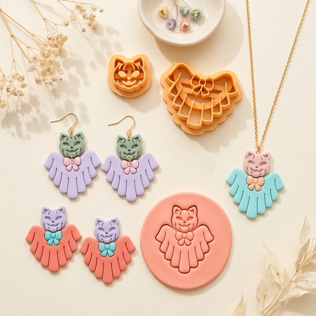 Ghost with Pumpkin Cat Polymer Clay Cutter | 25–45mm | Halloween Ghost Pumpkin Cat Clay Cutter | Earring Jewellery Making Tool