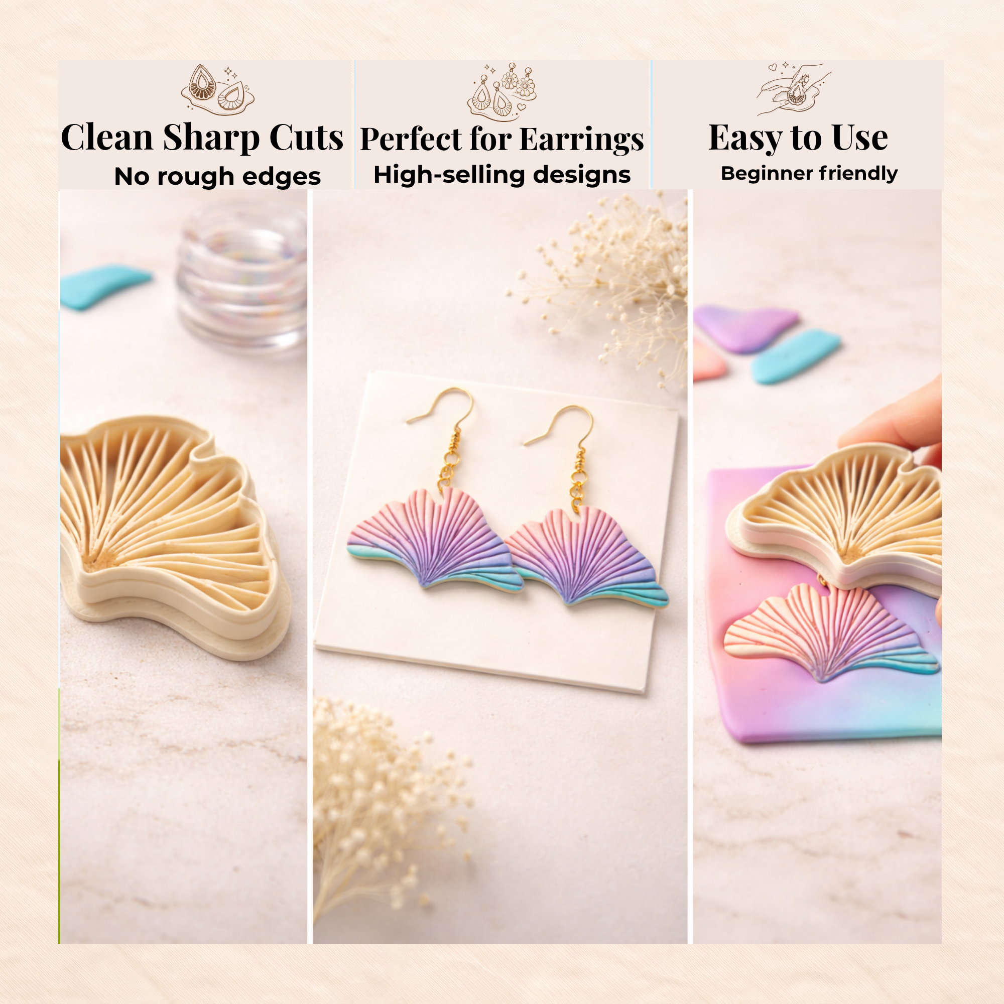 Ginkgo Leaf Polymer Clay Cutter | 3D Printed Botanical Clay Earring Cutter | Leaf Shape Cutter for Clay Jewellery Making | Clay Earring Tool
