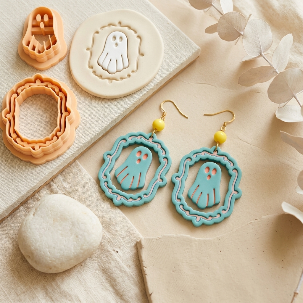 Gothic Frame with Ghost 2 Set of 2 Polymer Clay Cutters | 30–50mm | Gothic Ghost Frame Clay Cutter Set | Earring Jewellery Making Tool