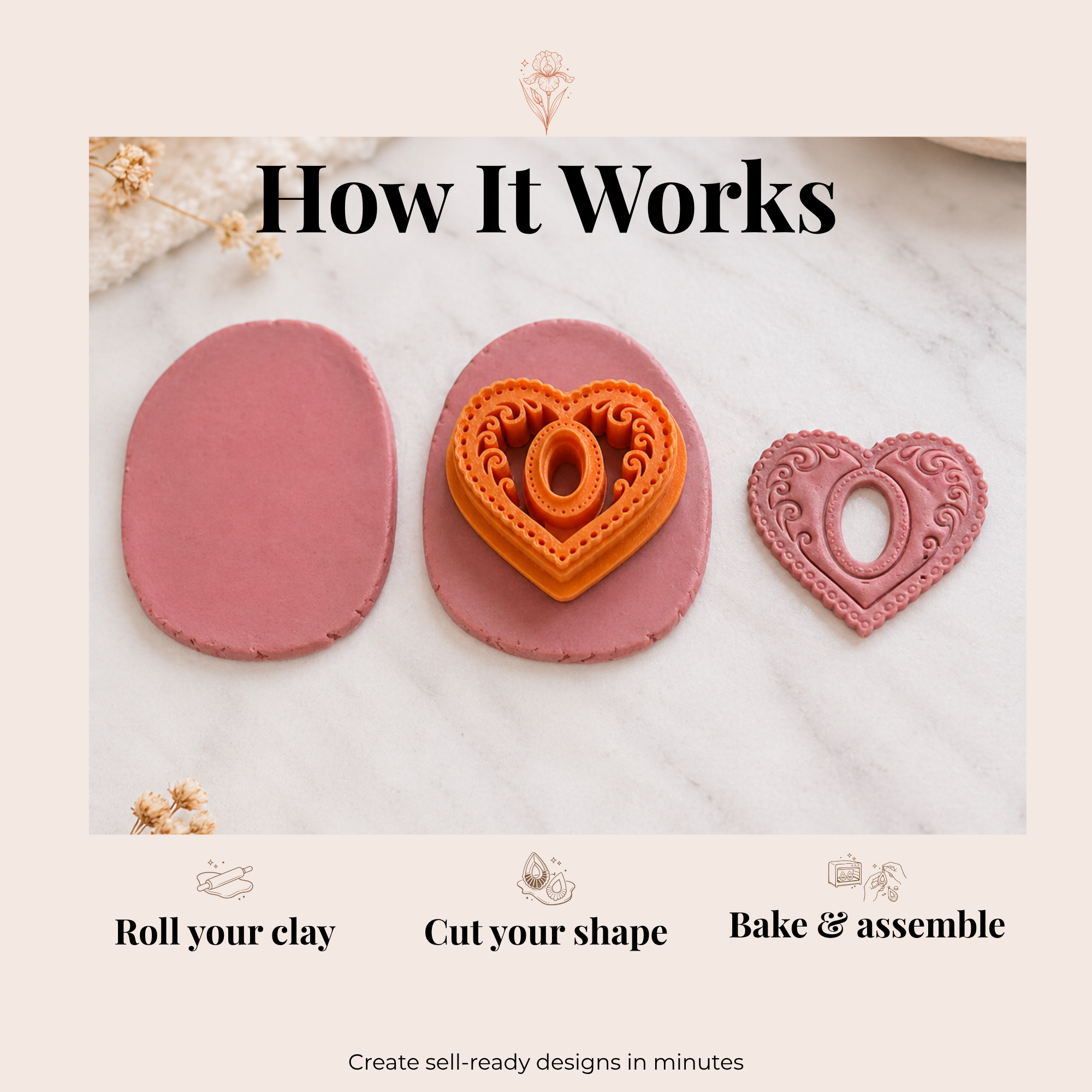 Heart Frame 1 Polymer Clay Cutter 30–50mm | Romantic Earring Cutter | IrisCrafts7