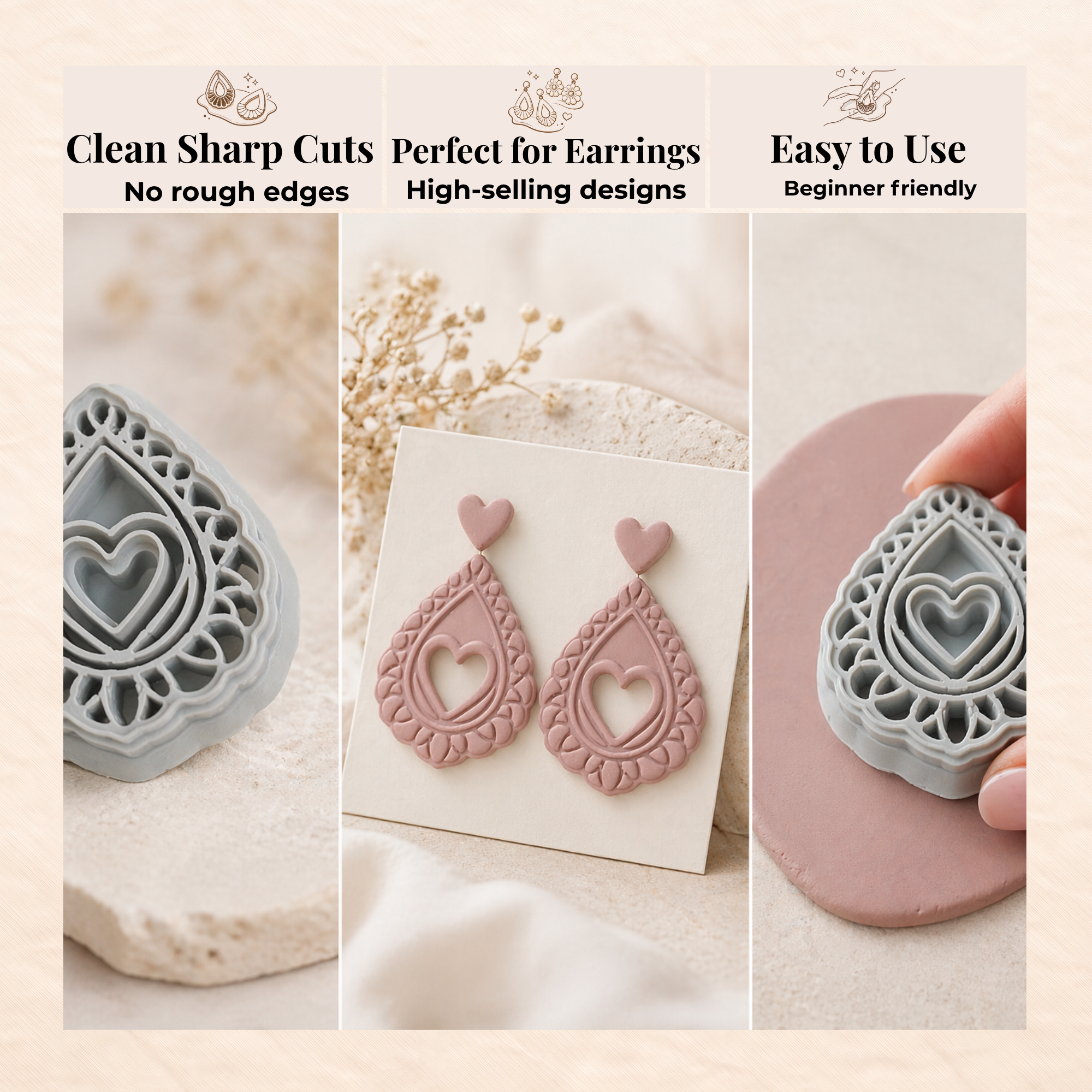 Heart Teardrop Polymer Clay Cutter 30–50mm | Romantic Earring Cutter | IrisCrafts7