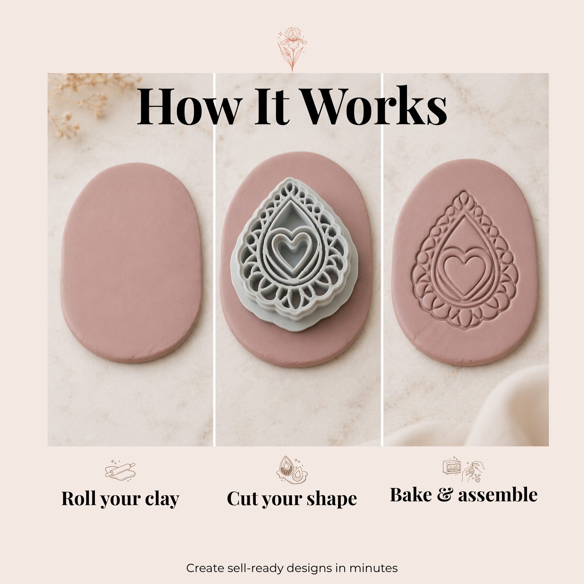 Heart Teardrop Polymer Clay Cutter 30–50mm | Romantic Earring Cutter | IrisCrafts7