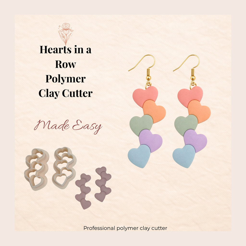 Hearts in a Row Polymer Clay Cutter 30–45mm | Valentine Earring Cutter | IrisCrafts7
