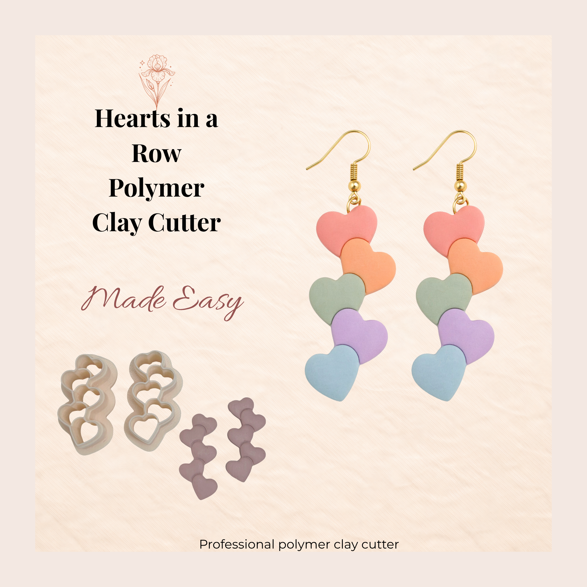 Hearts in a Row Polymer Clay Cutter 30–45mm | Valentine Earring Cutter | IrisCrafts7
