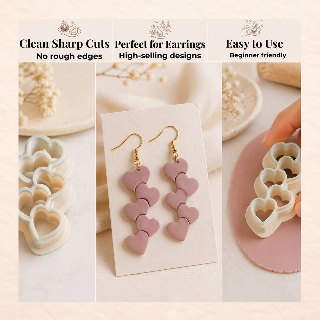 Hearts in a Row Polymer Clay Cutter 30–45mm | Valentine Earring Cutter | IrisCrafts7