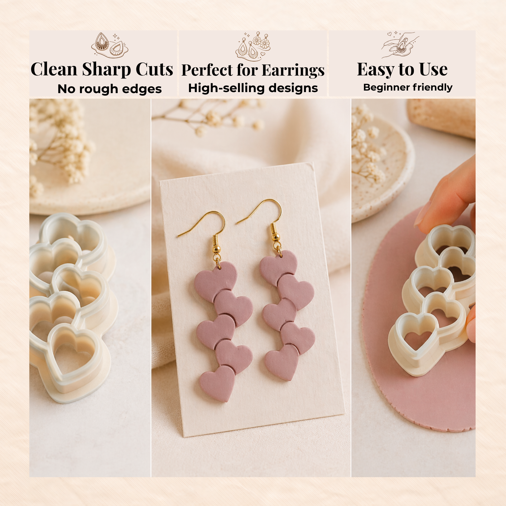 Hearts in a Row Polymer Clay Cutter 30–45mm | Valentine Earring Cutter | IrisCrafts7