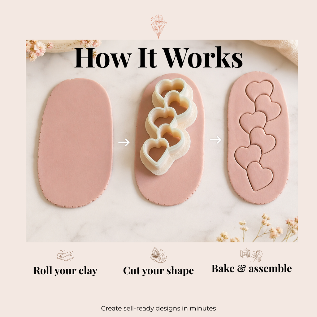 Hearts in a Row Polymer Clay Cutter 30–45mm | Valentine Earring Cutter | IrisCrafts7