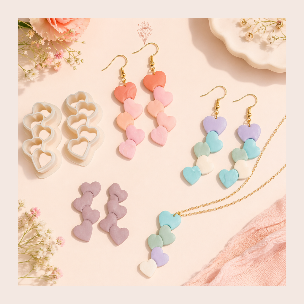 Hearts in a Row Polymer Clay Cutter 30–45mm | Valentine Earring Cutter | IrisCrafts7
