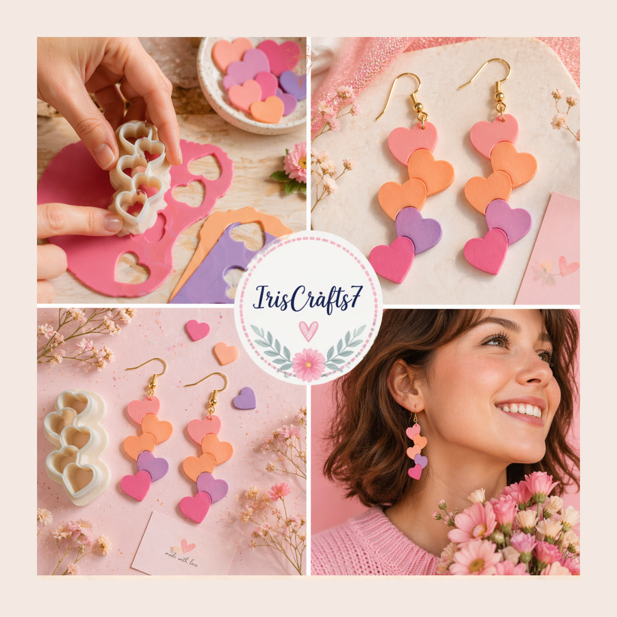 Hearts in a Row Polymer Clay Cutter 30–45mm | Valentine Earring Cutter | IrisCrafts7