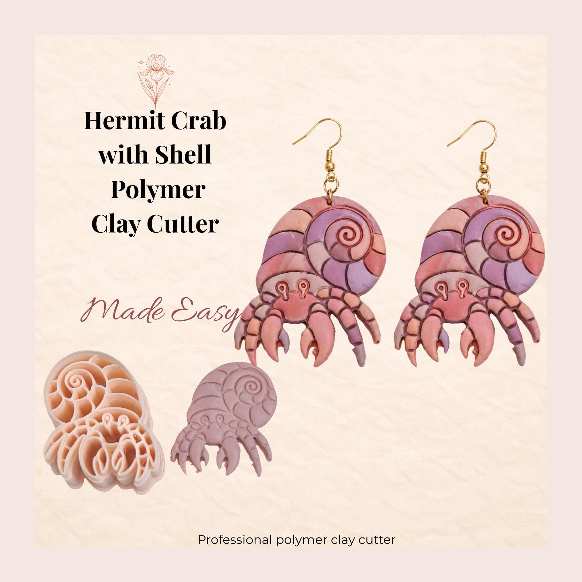 Hermit Crab with Shell Polymer Clay Cutter | 30–50mm | Crab Shape Clay Cutter | Earring Jewellery Making Tool