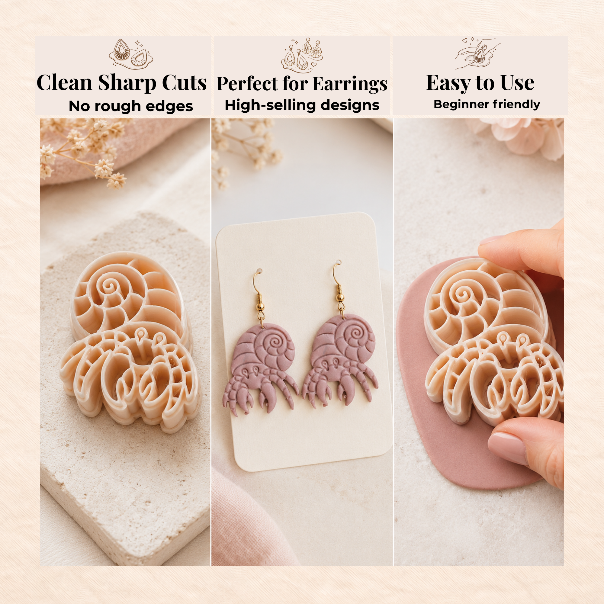 Hermit Crab with Shell Polymer Clay Cutter | 30–50mm | Crab Shape Clay Cutter | Earring Jewellery Making Tool