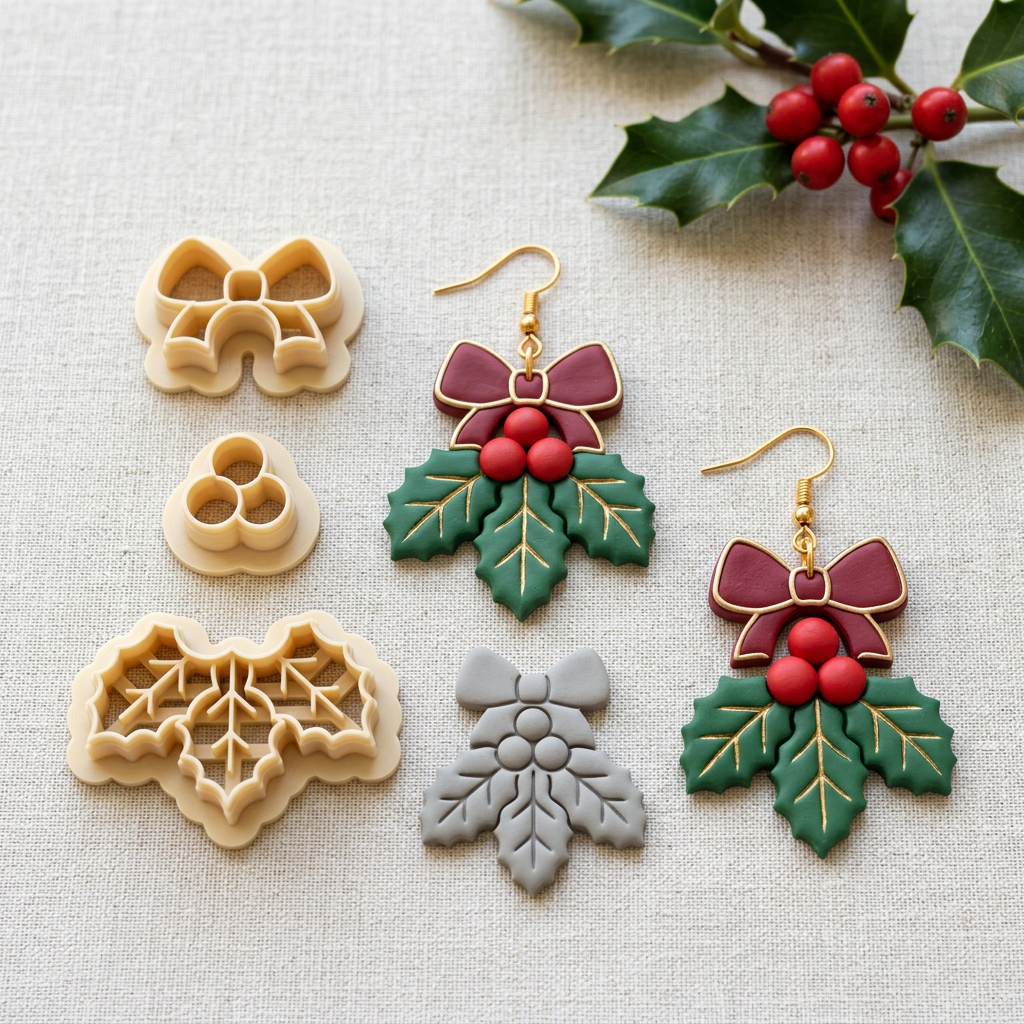 Holly Berry Bow Set of 3 Polymer Clay Cutter | Christmas Earring Tool