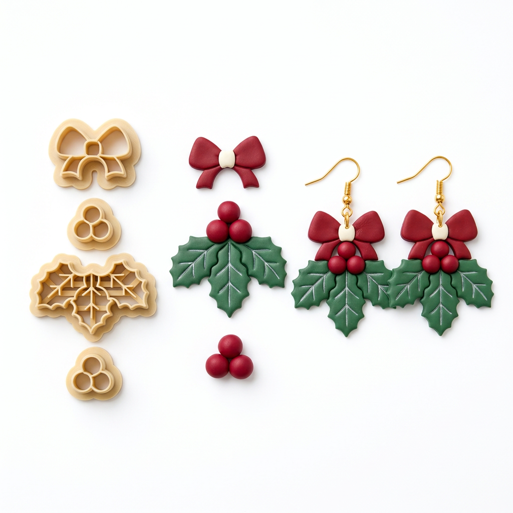 Holly Berry Bow Set of 3 Polymer Clay Cutter | Christmas Earring Tool