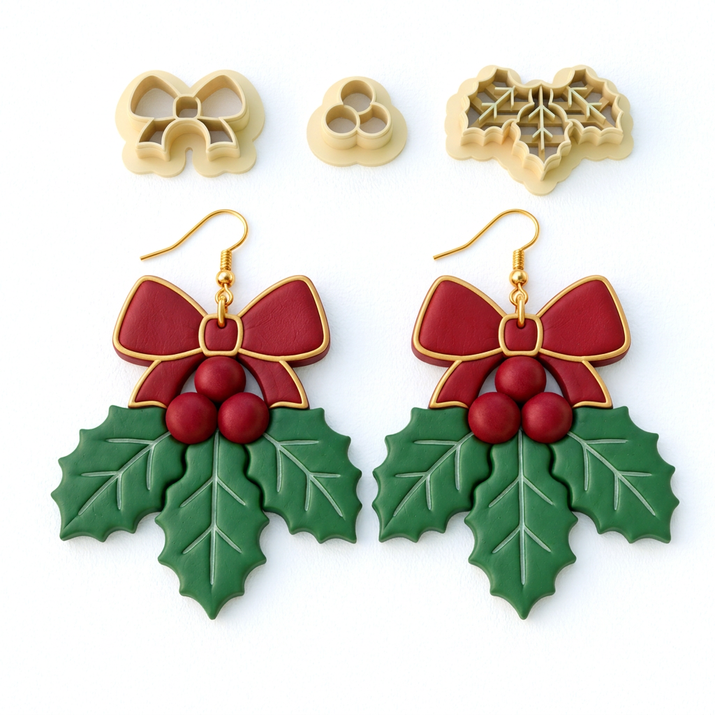 Holly Berry Bow Set of 3 Polymer Clay Cutter | Christmas Earring Tool