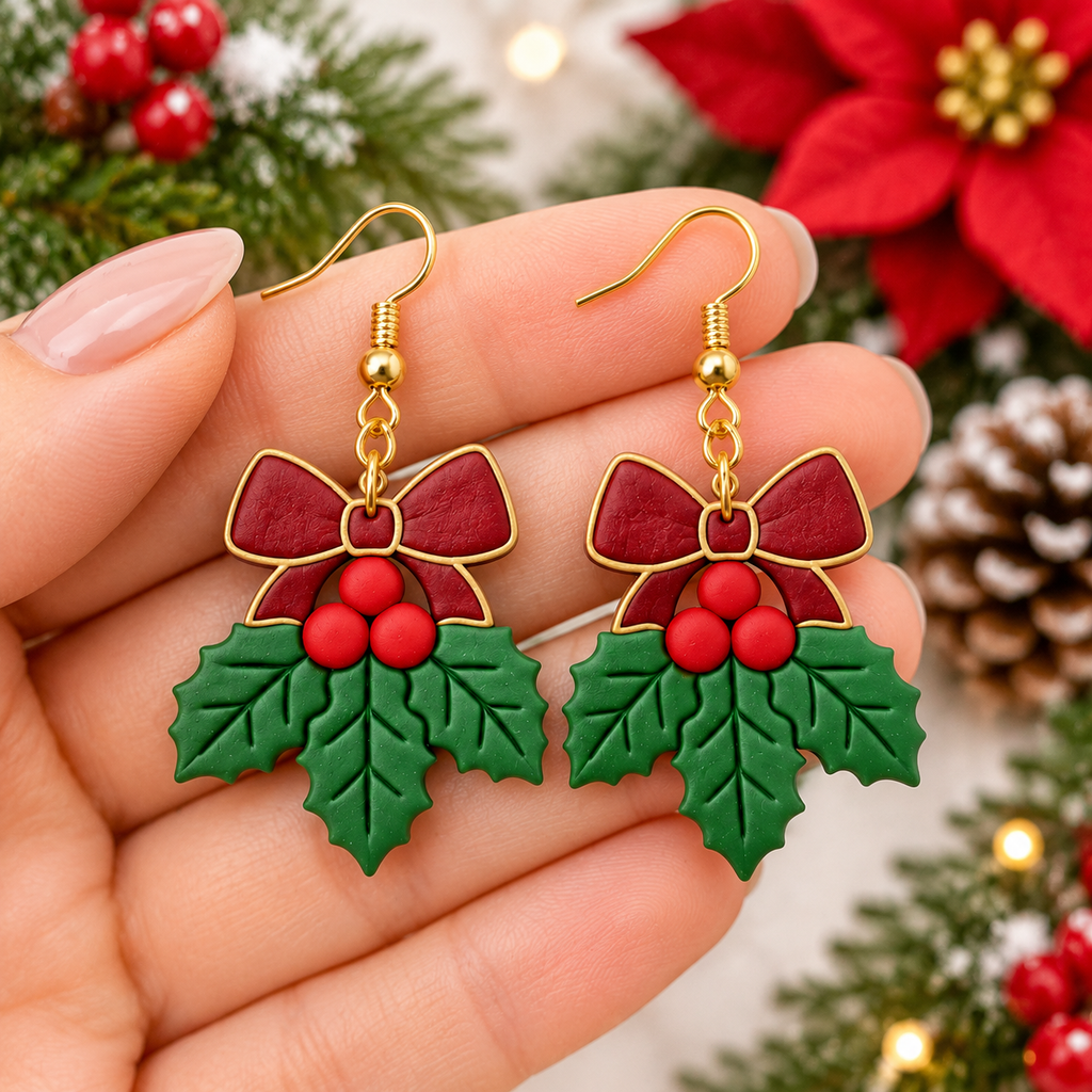 Holly Berry Bow Set of 3 Polymer Clay Cutter | Christmas Earring Tool